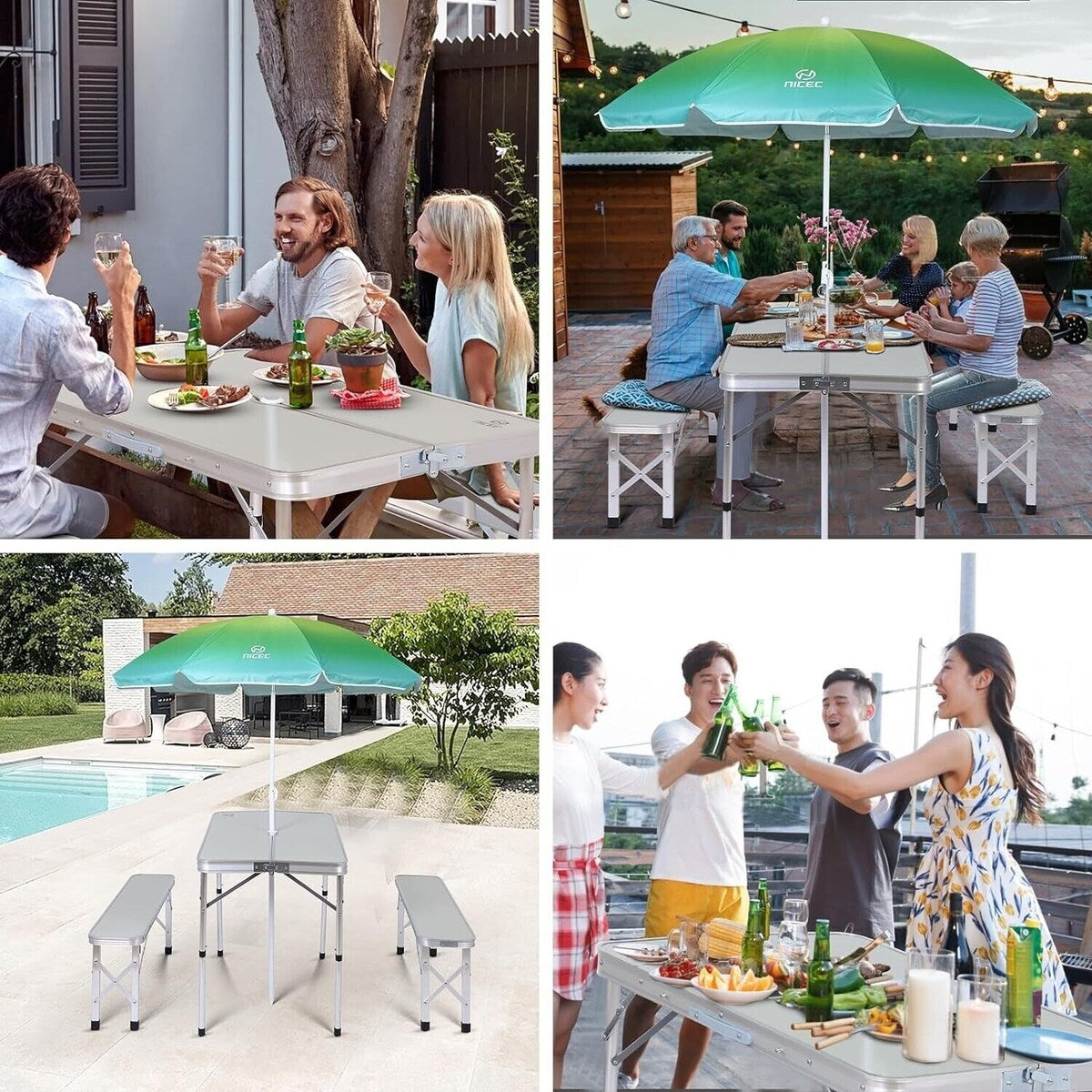 Table de pique-nique pliante et parasol pour camping, jardin, terrasse, fête sur la pelouse - Blanc avec parasol