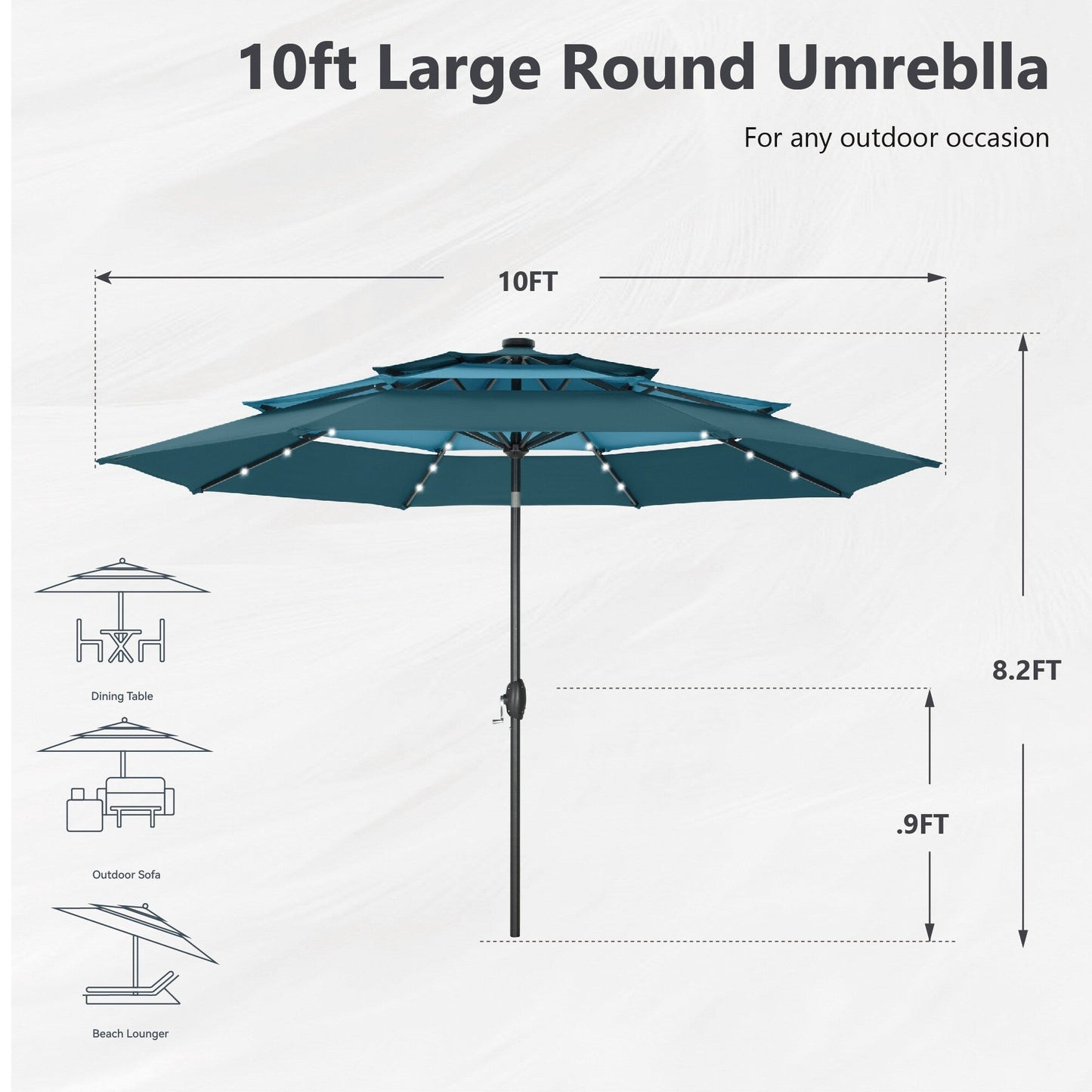 Parasol de terrasse inclinable à 3 niveaux de 10 pieds de MAISON ARTS, parasol d'extérieur à double ventilation avec lumières LED