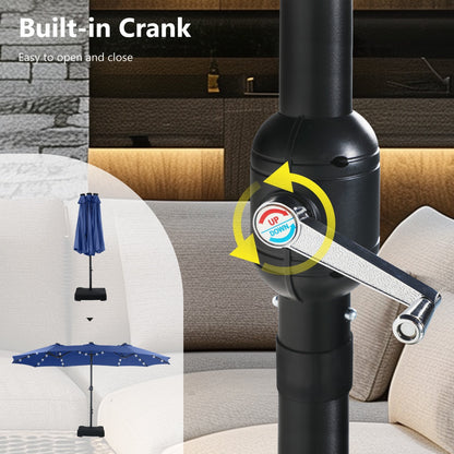 MAISON ARTS Parasol de marché extérieur rectangulaire à manivelle double face de 15 pieds Parasol de patio éclairé par LED solaire avec base incluse