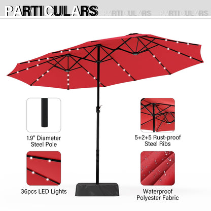 MAISON ARTS Parasol de marché extérieur rectangulaire à manivelle double face de 15 pieds Parasol de patio éclairé par LED solaire avec base incluse