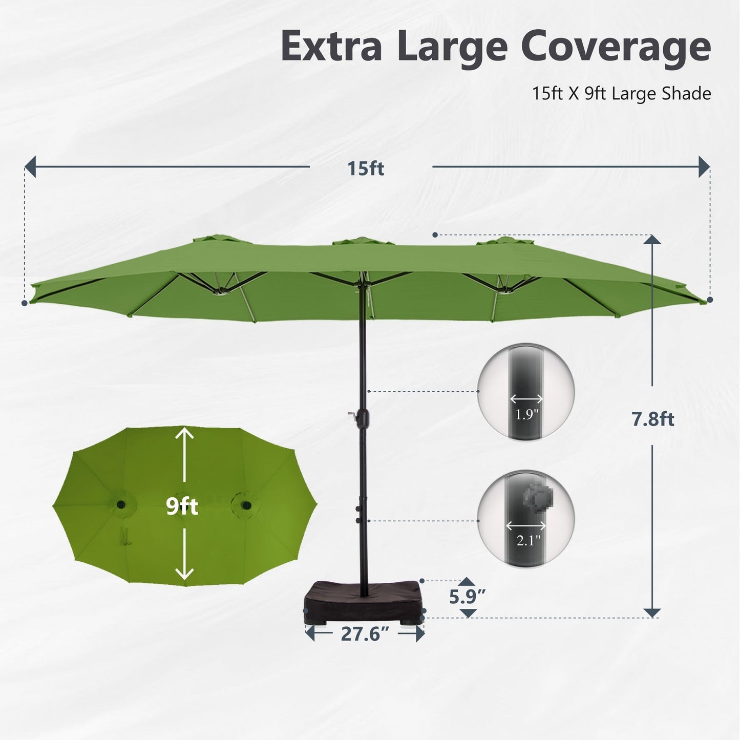 Parasol double extra large de 15 pieds pour patio double face de MAISON ARTS avec base incluse