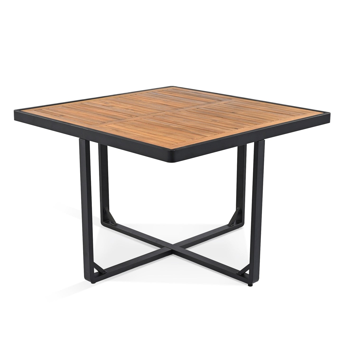 Ensemble de salle à manger de patio en bois d'acacia 18 pièces, 8 chaises rembourrées, 8 poufs et 2 tables carrées