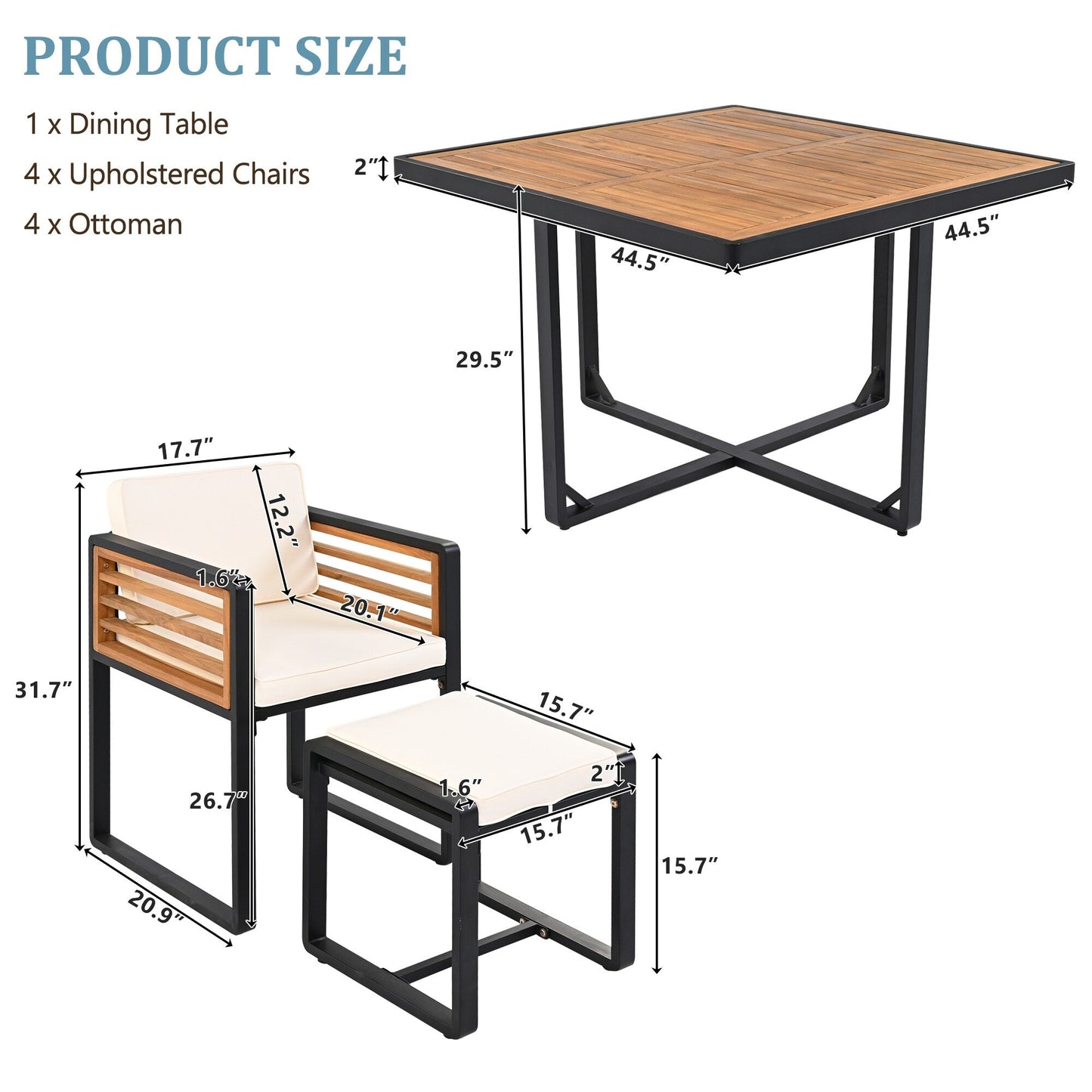 Ensemble de salle à manger de patio en bois d'acacia 18 pièces, 8 chaises rembourrées, 8 poufs et 2 tables carrées