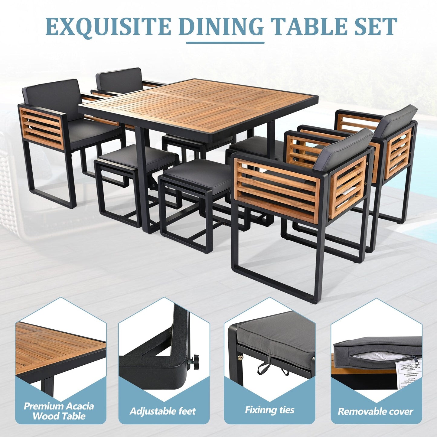 Ensemble de salle à manger de patio en bois d'acacia 18 pièces, 8 chaises rembourrées, 8 poufs et 2 tables carrées