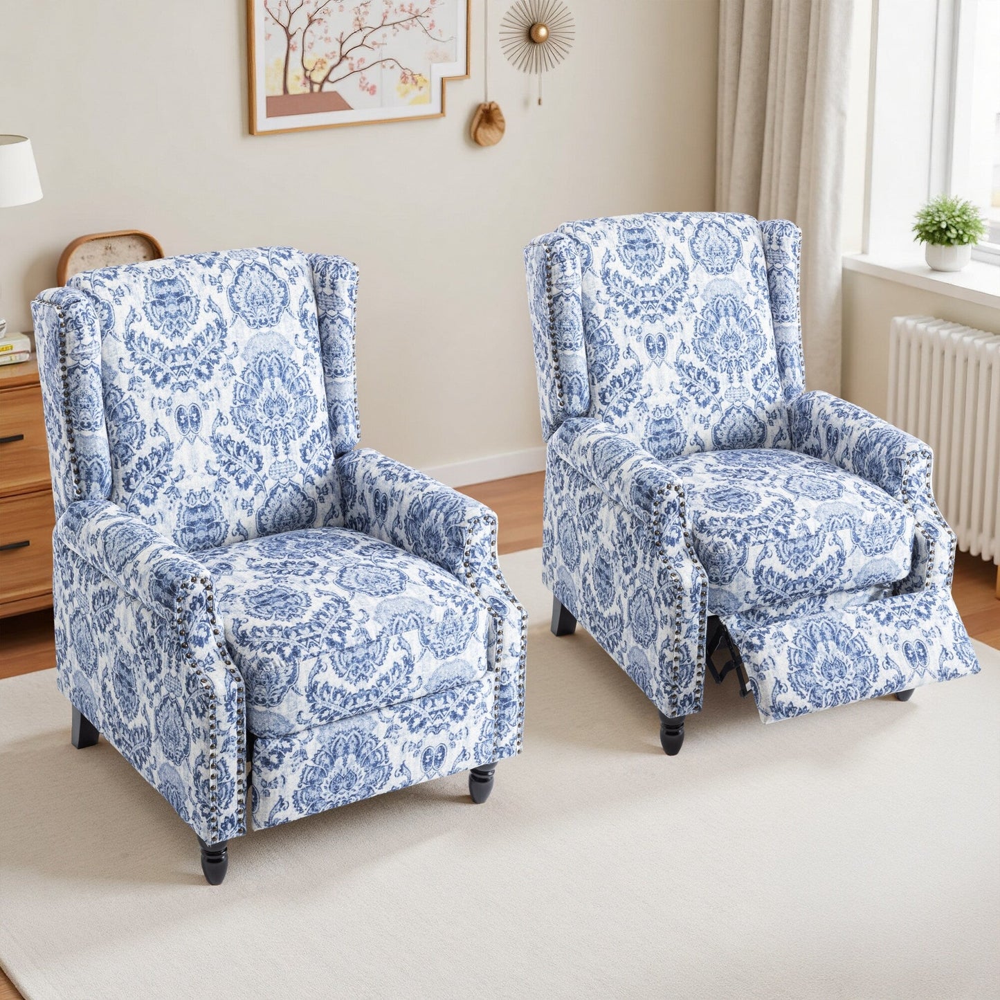 Ensemble de 2 fauteuils inclinables manuels à dossier à motif floral vintage de 29 po de largeur