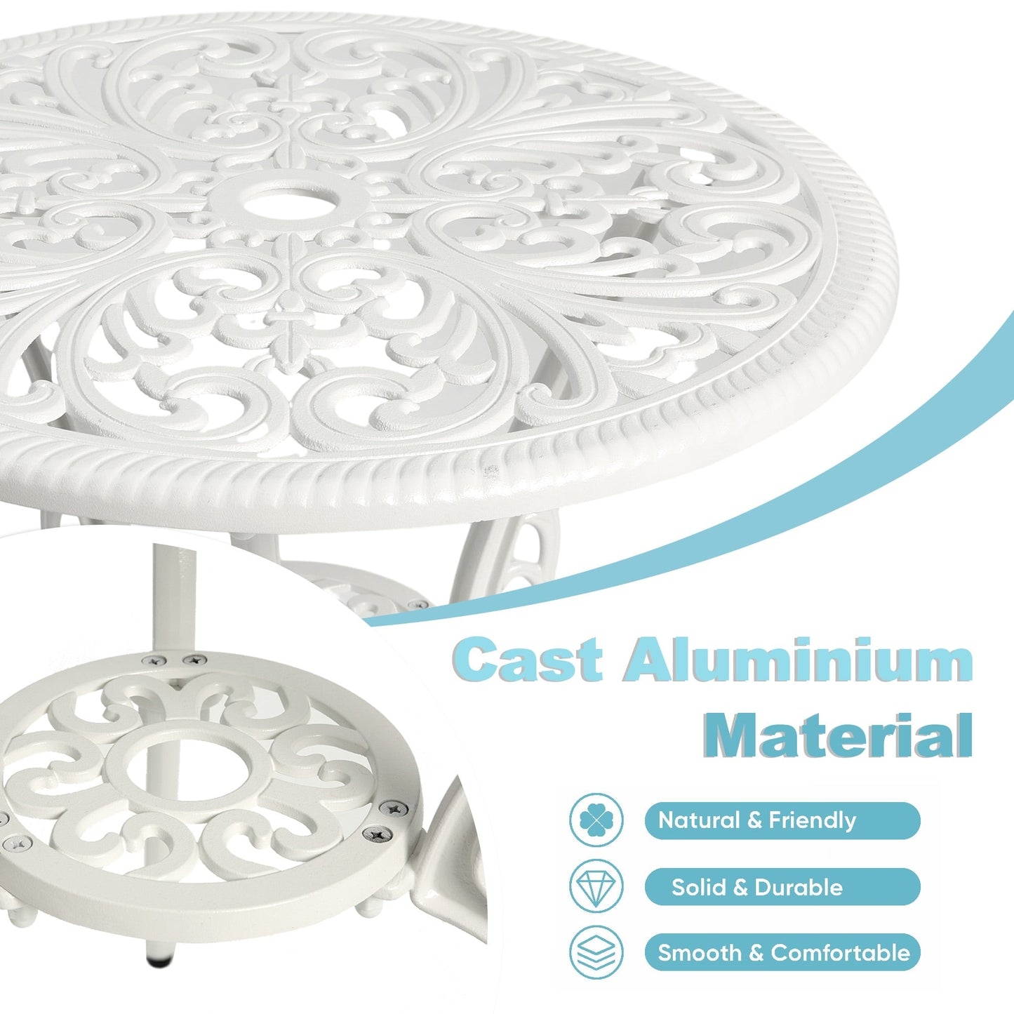 Ensemble de 3 tables et chaises papillon en aluminium pour patio extérieur avec trou pour parasol