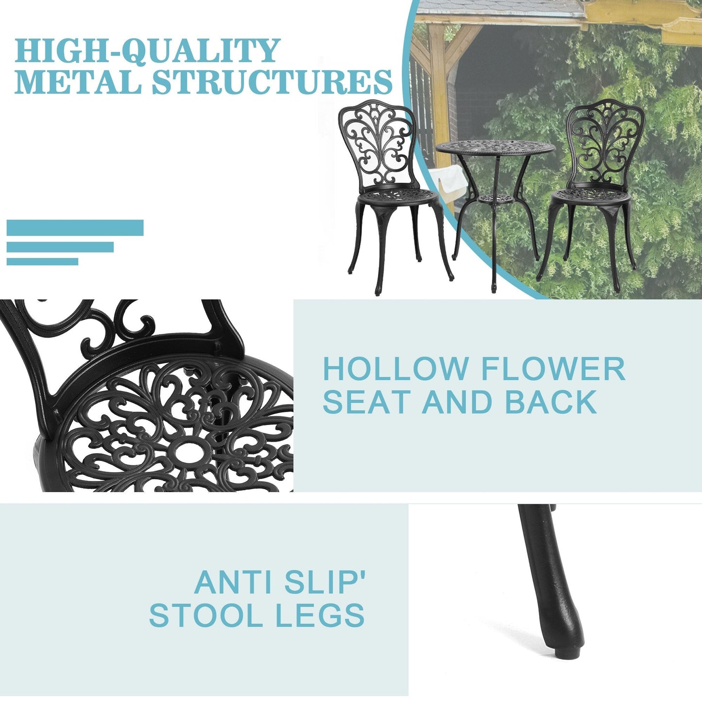 Ensemble de 3 tables et chaises papillon en aluminium pour patio extérieur avec trou pour parasol