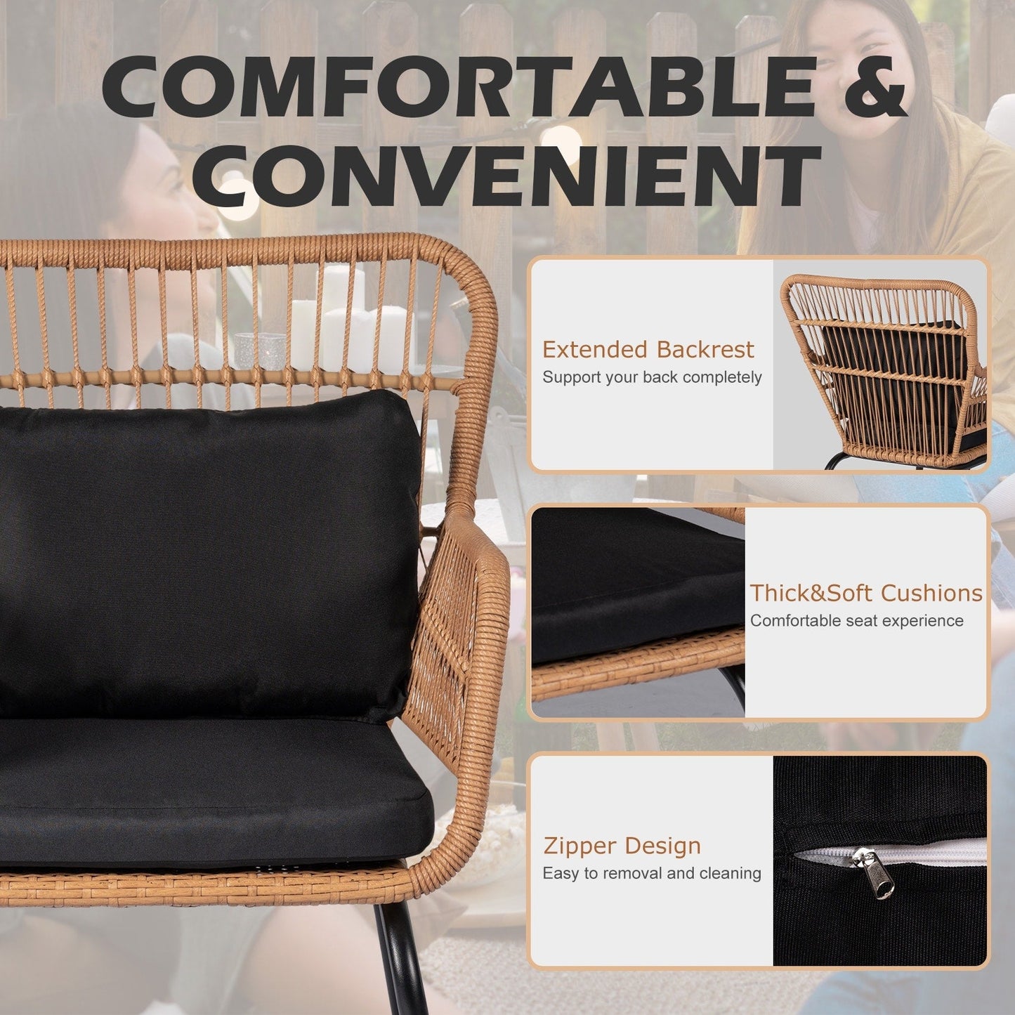 Ensemble de bistrot d'extérieur 3 pièces en osier, mobilier de jardin en rotin toutes saisons, chaises de patio avec coussins