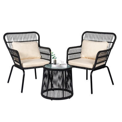 Ensemble de bistrot d'extérieur 3 pièces en osier, mobilier de jardin en rotin toutes saisons, chaises de patio avec coussins