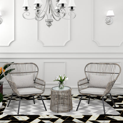 Ensemble de bistrot d'extérieur 3 pièces en osier, mobilier de jardin en rotin toutes saisons, chaises de patio avec coussins