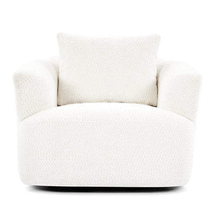 Fauteuil pivotant à 360°, fauteuil d'appoint Boucle 38,2" avec coussin décoratif, fauteuil rembourré en forme de tonneau avec accoudoirs incurvés