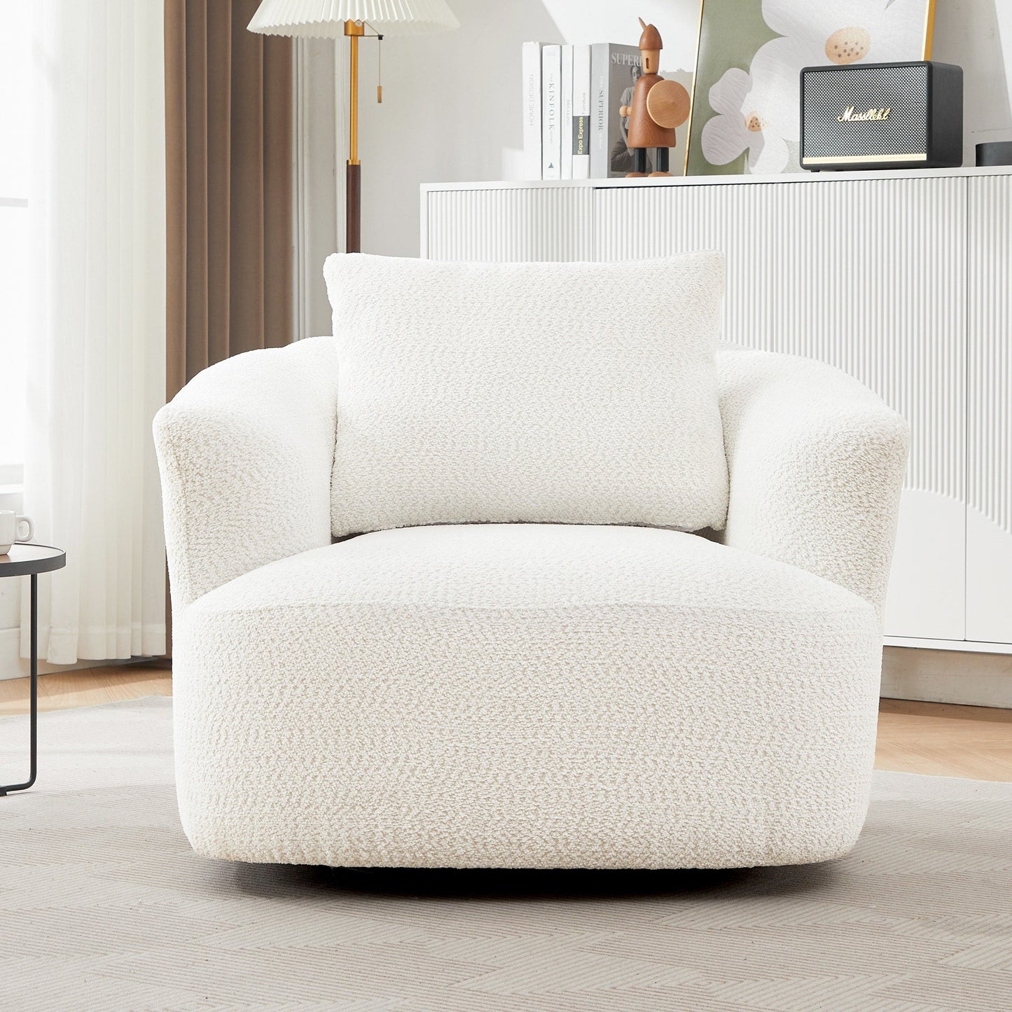 Fauteuil pivotant à 360°, fauteuil d'appoint Boucle 38,2" avec coussin décoratif, fauteuil rembourré en forme de tonneau avec accoudoirs incurvés