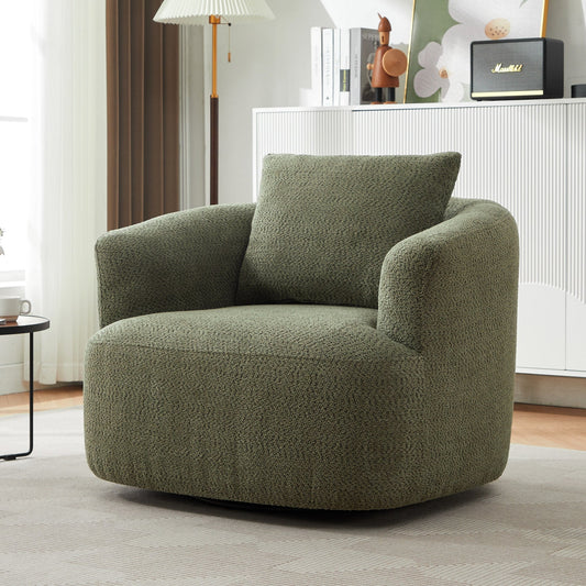 Fauteuil pivotant à 360°, fauteuil d'appoint Boucle 38,2" avec coussin décoratif, fauteuil rembourré en forme de tonneau avec accoudoirs incurvés