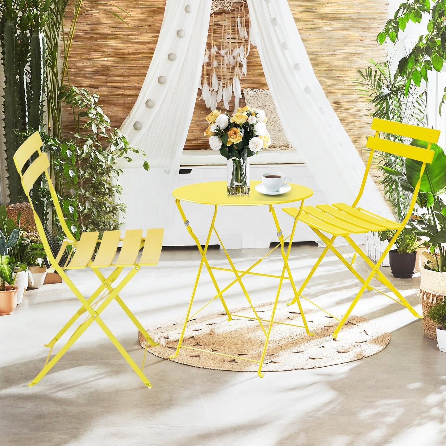 Ensemble bistrot pliant en métal 3 pièces, résistant aux intempéries, pour l'extérieur et l'intérieur, idéal pour la terrasse, la cour et le jardin.