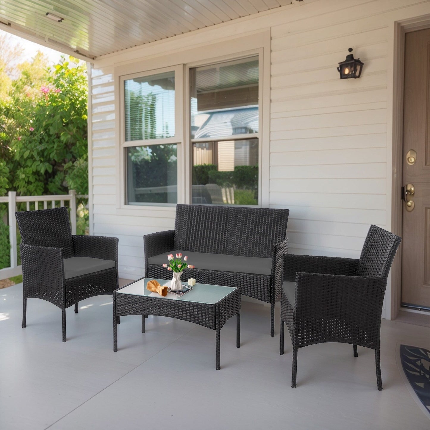 Ensemble de 4 meubles de jardin en osier, sectionnel et en rotin avec coussins