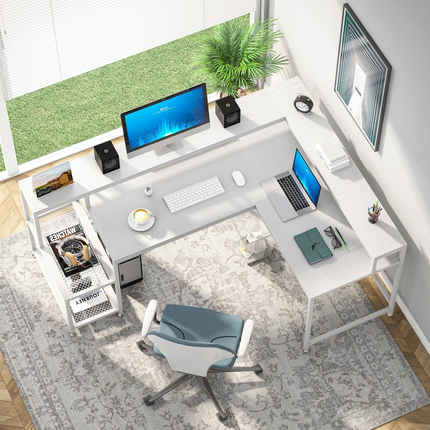 Bureau en L avec étagère pour écran, bureau d'angle réversible pour bureau à domicile 69