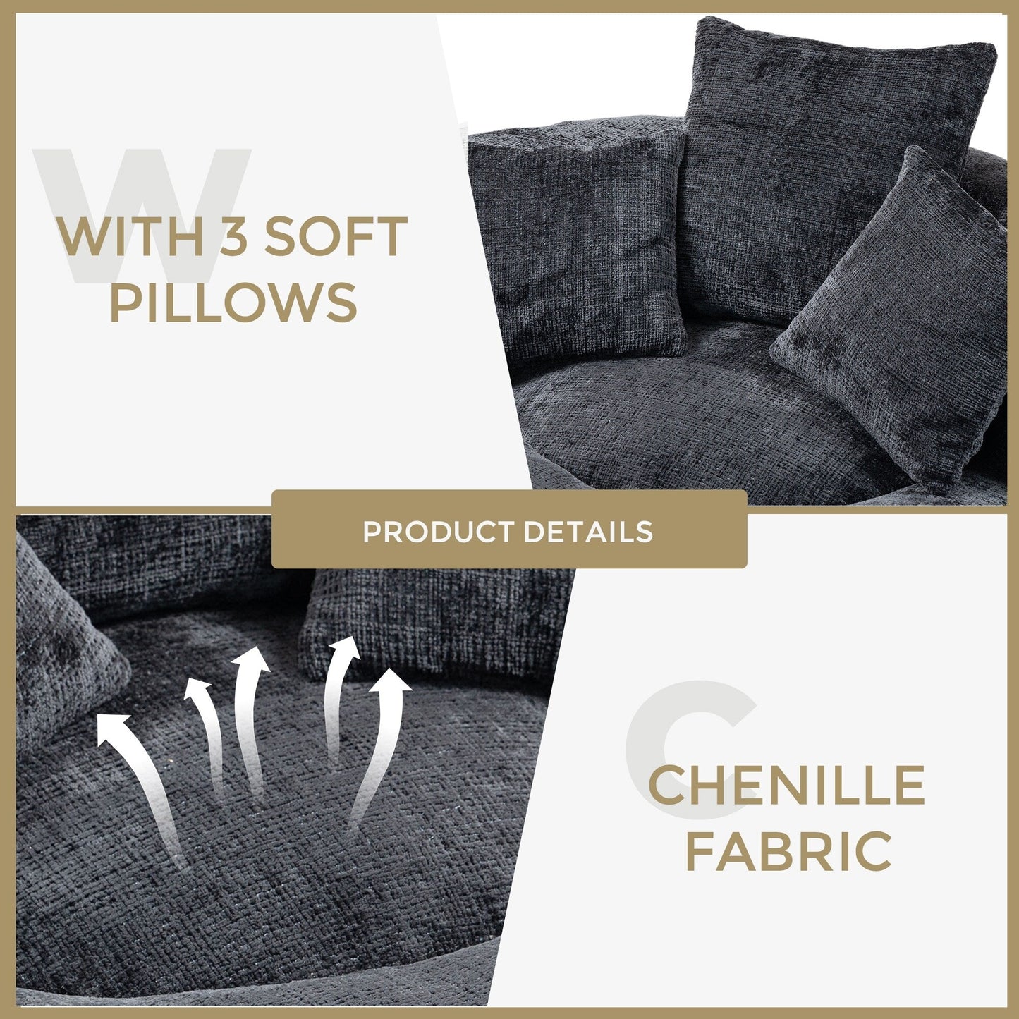 Pouf simple surdimensionné en chenille noir de 42,52 pouces avec trois oreillers pour chambre à coucher