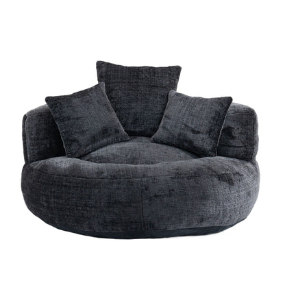 Pouf simple surdimensionné en chenille noir de 42,52 pouces avec trois oreillers pour chambre à coucher