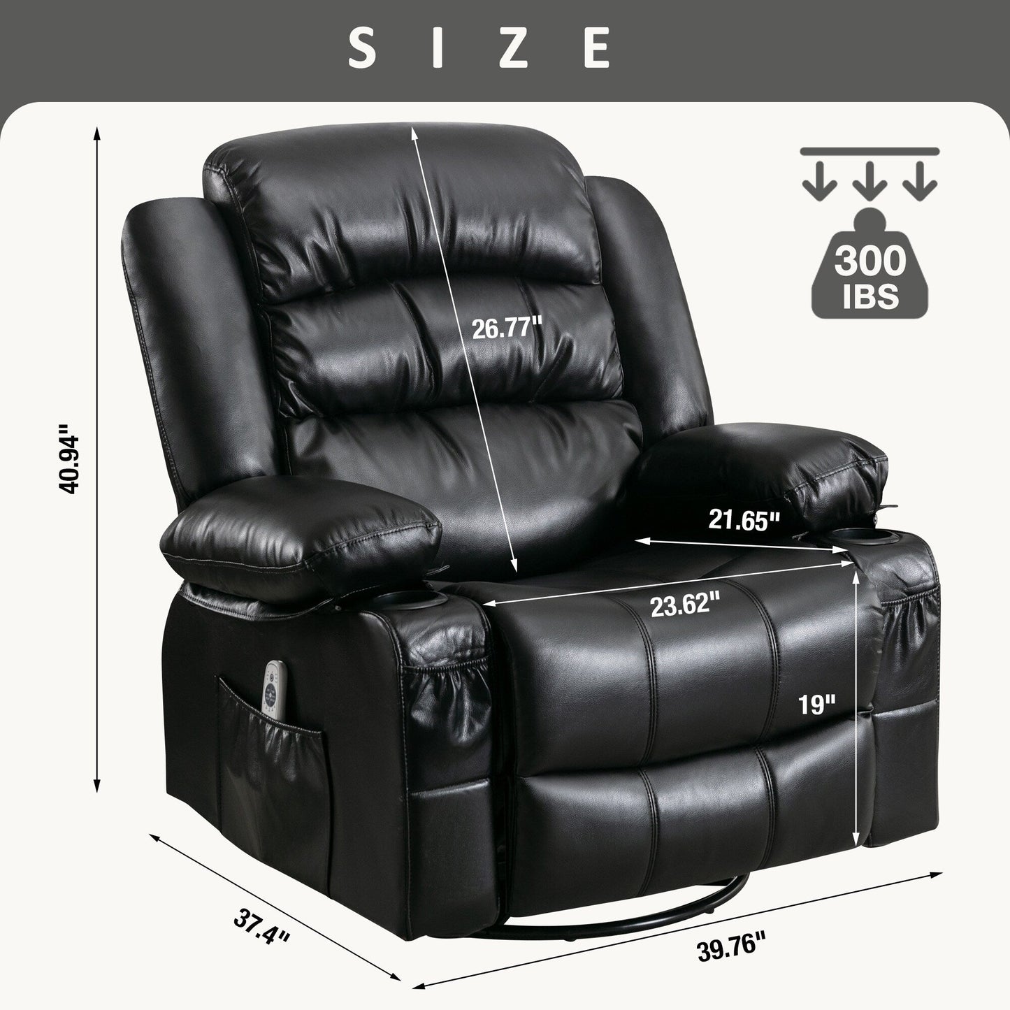 Fauteuil inclinable pivotant noir avec chauffage, massage et ports USB