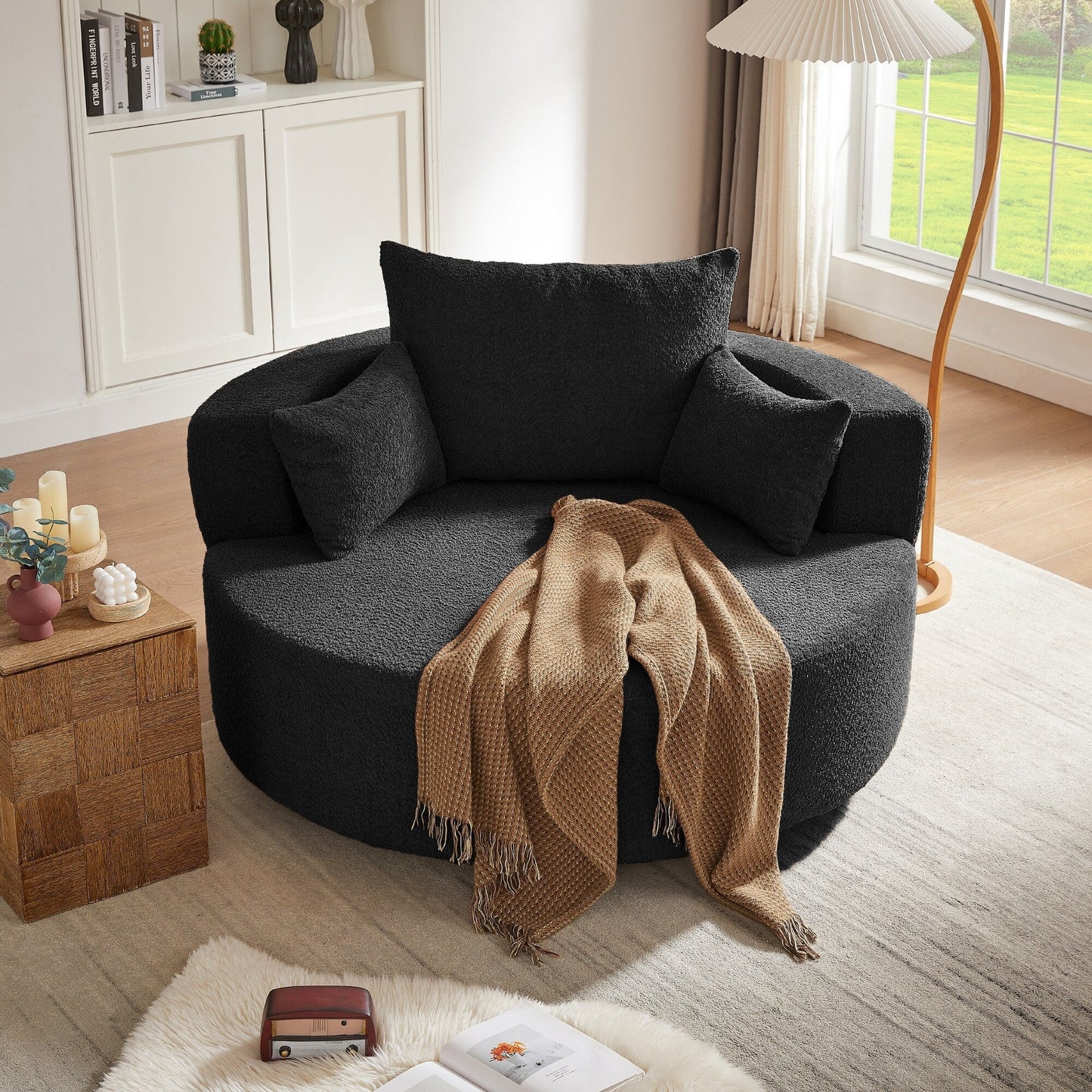 Fauteuil d'appoint en chenille, fauteuil rond avec base pivotante à 360 degrés et 3 coussins amovibles