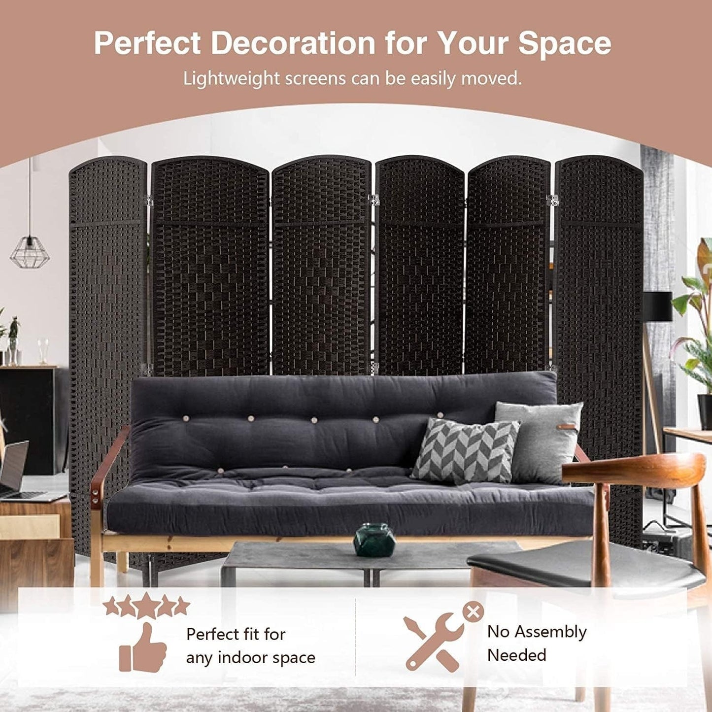 Paravent de séparation de pièce de 6 pieds de haut en fibre tissée, écran de confidentialité autoportant, écran pliant