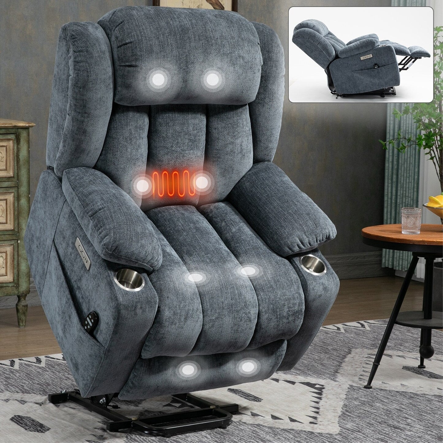 Fauteuil inclinable électrique en chenille grise avec massage, chauffage lombaire, ports USB et Type-C et porte-gobelets en acier inoxydable