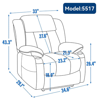 Fauteuil inclinable électrique en chenille grise avec massage, chauffage lombaire, ports USB et Type-C et porte-gobelets en acier inoxydable