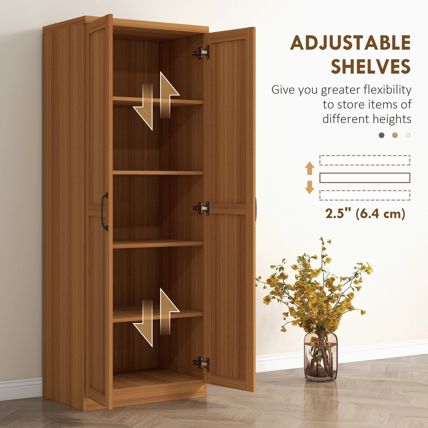 HOMCOM 63 Garde-manger de cuisine 2 portes, meuble de rangement indépendant avec étagères à 5 niveaux et 2 étagères réglables pour salle à manger