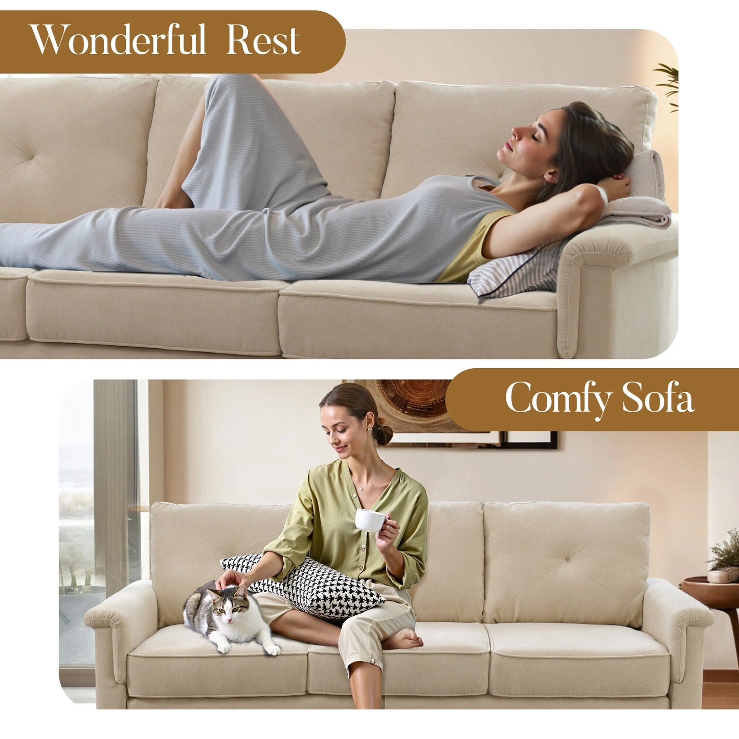 Canapé 3 places rembourré HOOOWOOO Mid-Century avec pieds en bois pour salon