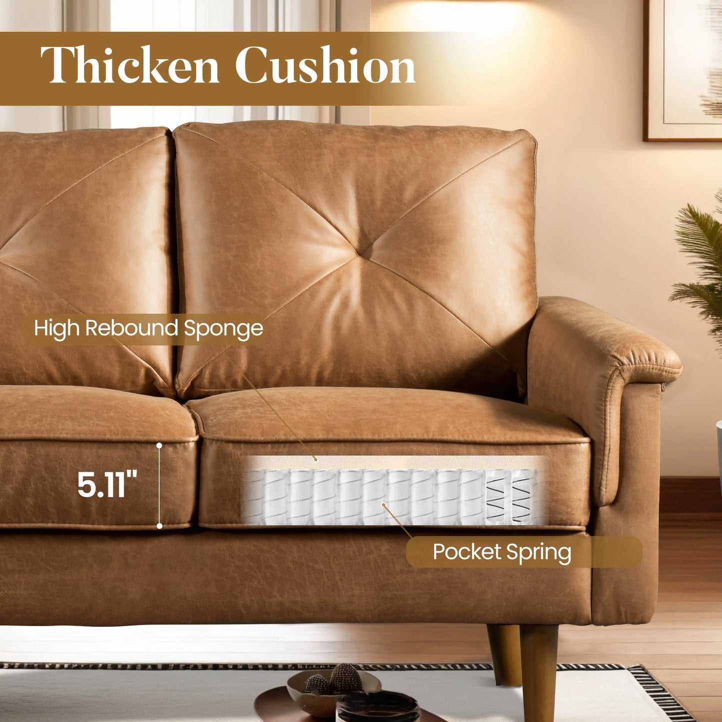 Canapé 3 places rembourré HOOOWOOO Mid-Century avec pieds en bois pour salon