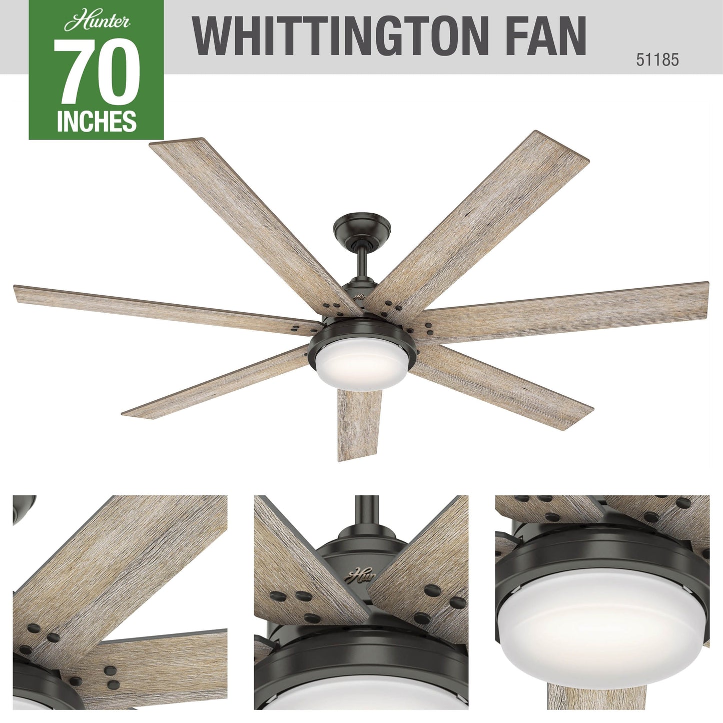 Ventilateur de plafond Hunter WiFi Whittington avec lumière LED, télécommande portable - Moulin à vent - Industriel, Ferme, Rustique - VENTILATEUR INTELLIGENT !