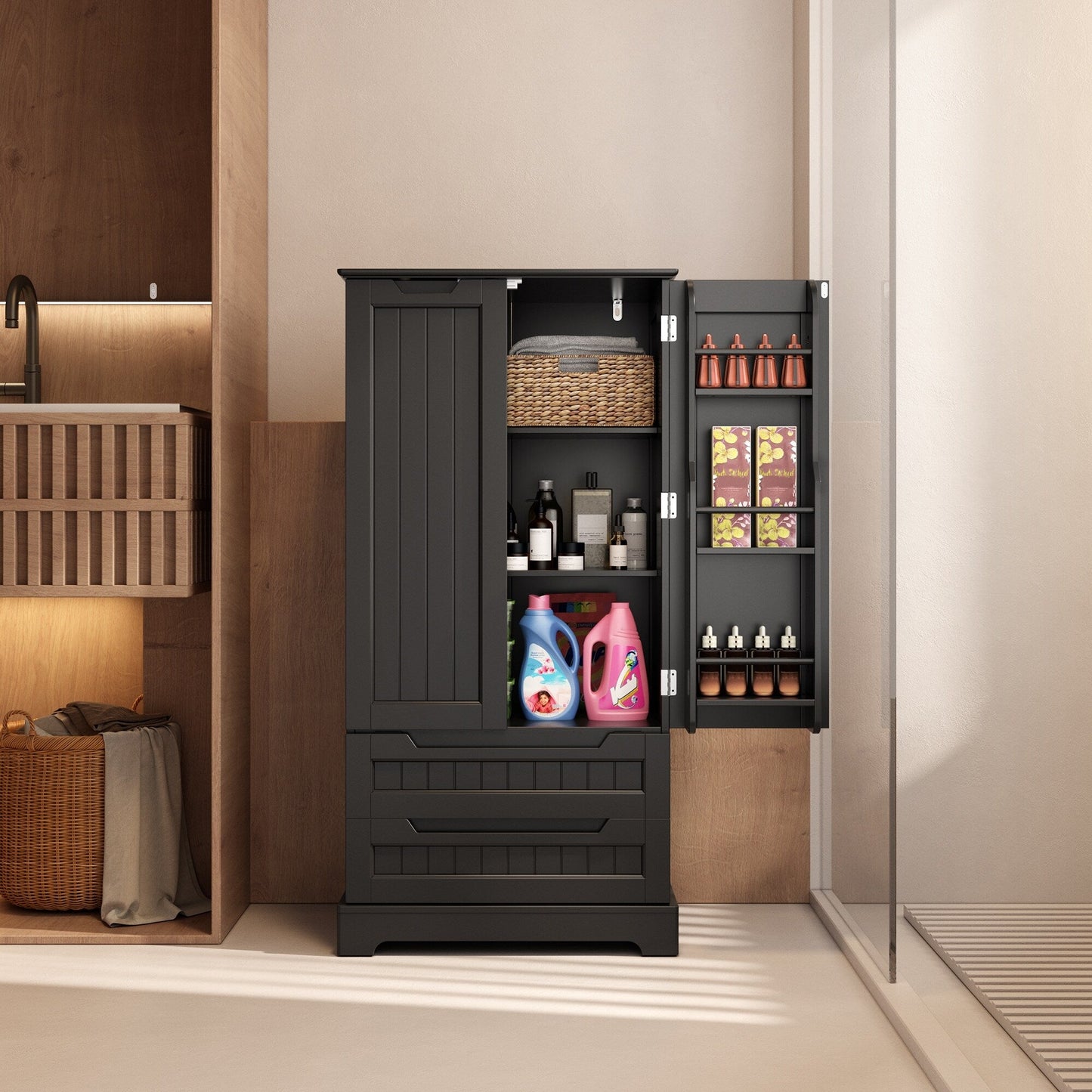 Armoire de rangement pour cuisine, garde-manger, armoire de rangement de salle de bain indépendante avec 2 portes et tiroirs