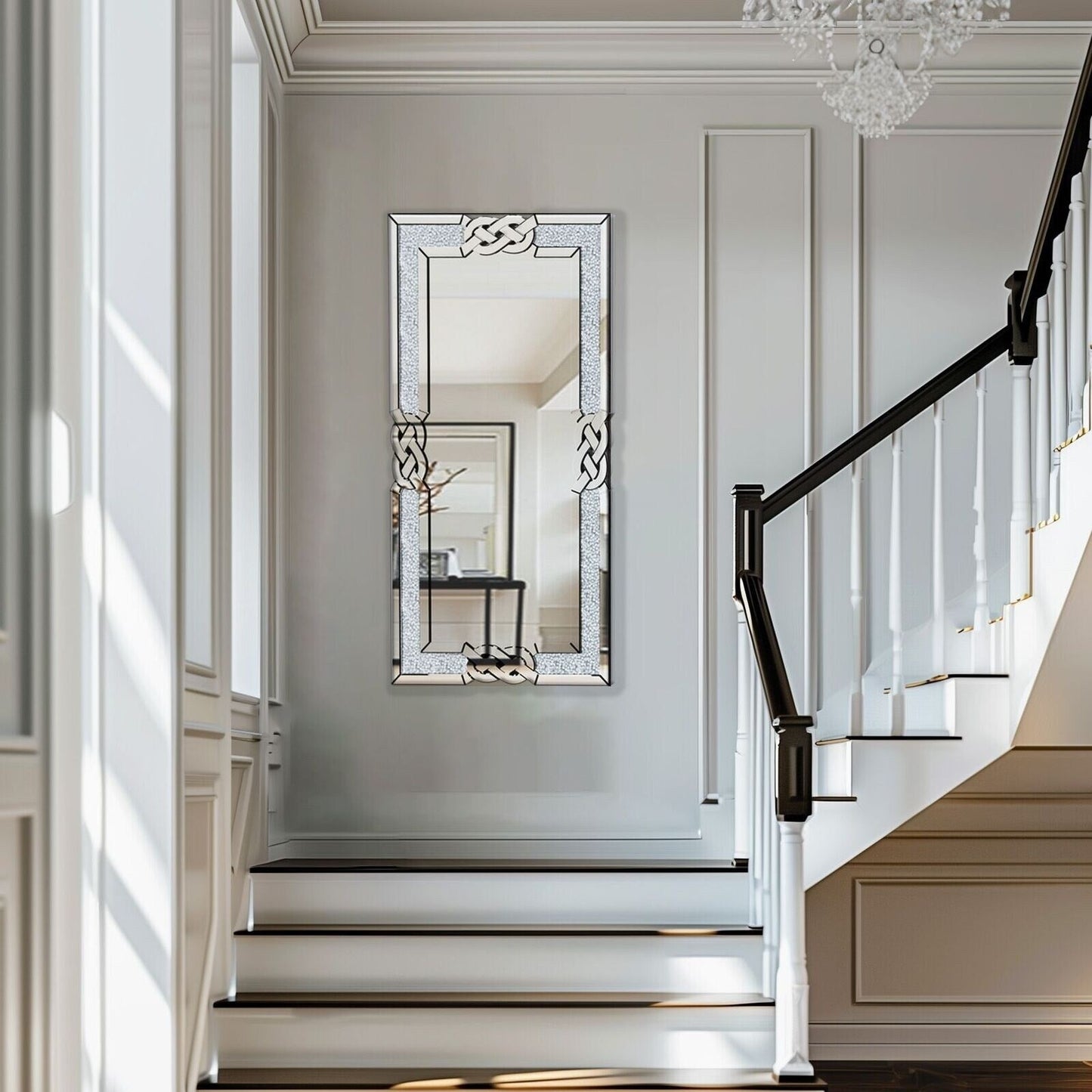 Grand miroir mural emboîtable avec perles de cristal rectangulaires