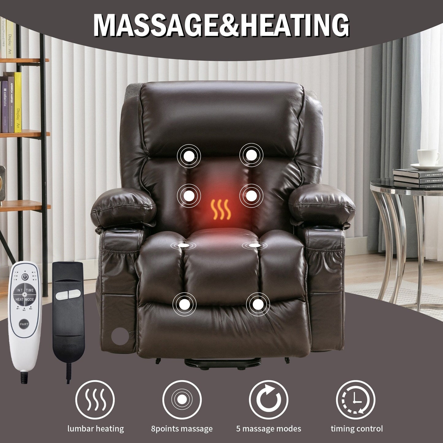 Grand fauteuil inclinable électrique avec chauffage et massage 8 points - Télécommande, port USB