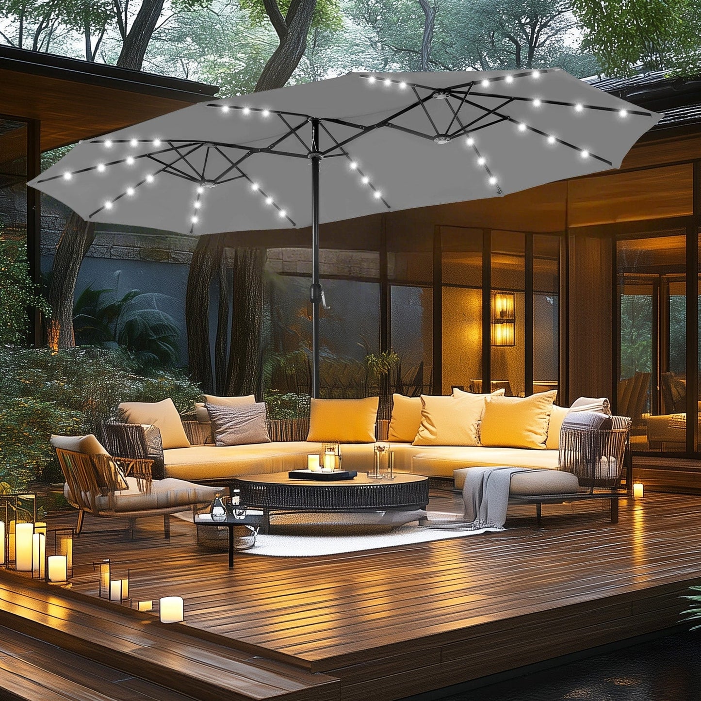 MAISON ARTS Parasol de marché extérieur rectangulaire à manivelle double face de 15 pieds Parasol de patio éclairé par LED solaire avec base incluse