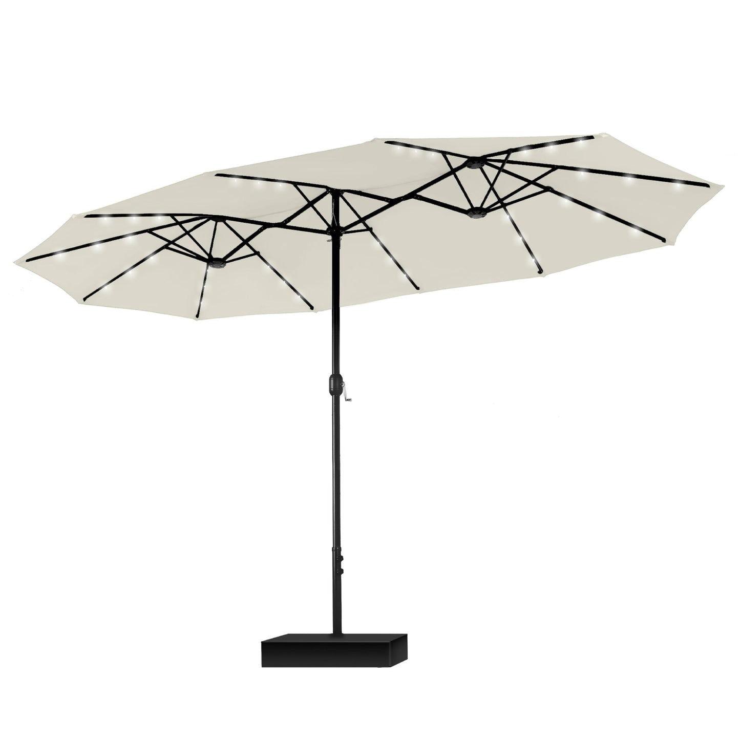 MAISON ARTS Parasol de marché extérieur rectangulaire à manivelle double face de 15 pieds Parasol de patio éclairé par LED solaire avec base incluse