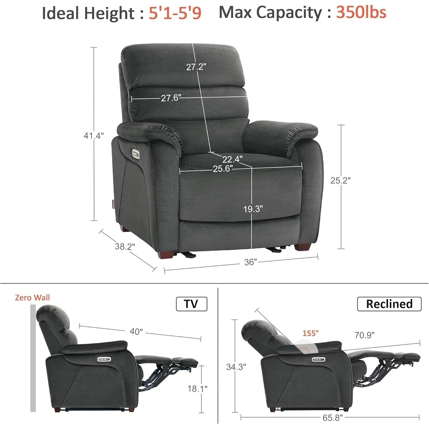 Fauteuil inclinable électrique MCombo Zero Wall-Hugger avec appui-tête réglable, idéal pour les petits espaces et les camping-cars, tissu ST257