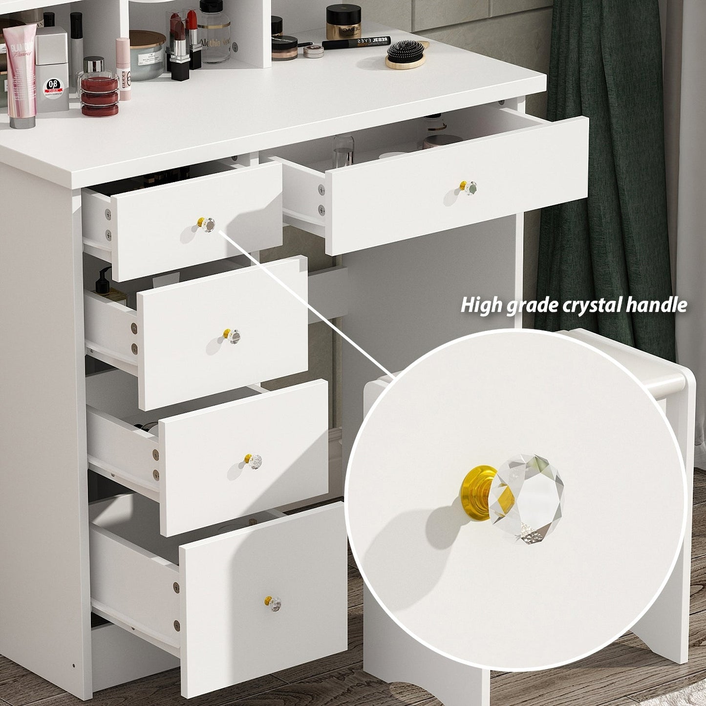 Coiffeuse avec éclairage LED, miroir et tabouret