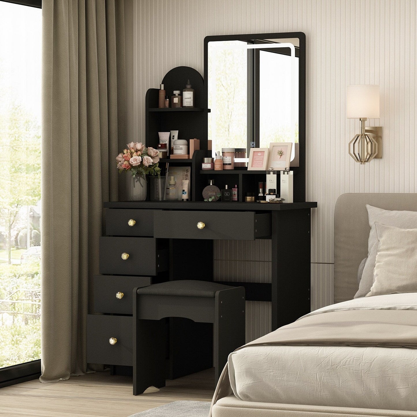 Coiffeuse avec éclairage LED, miroir et tabouret