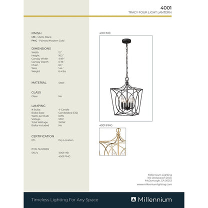 Luminaire suspendu Millennium Lighting Tracy à 4 lumières, disponible en plusieurs finitions