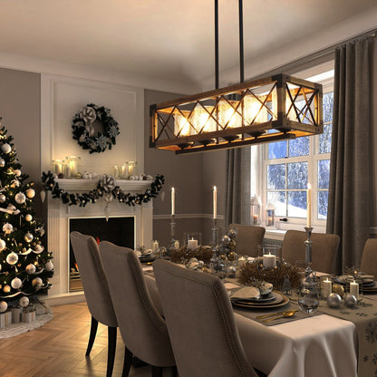 Lustre rectangulaire en bois à 5 lumières de style ferme moderne, avec verre grainé et îlot de cuisine pour salle à manger – 31,5 L x 8,75 l x 8 H