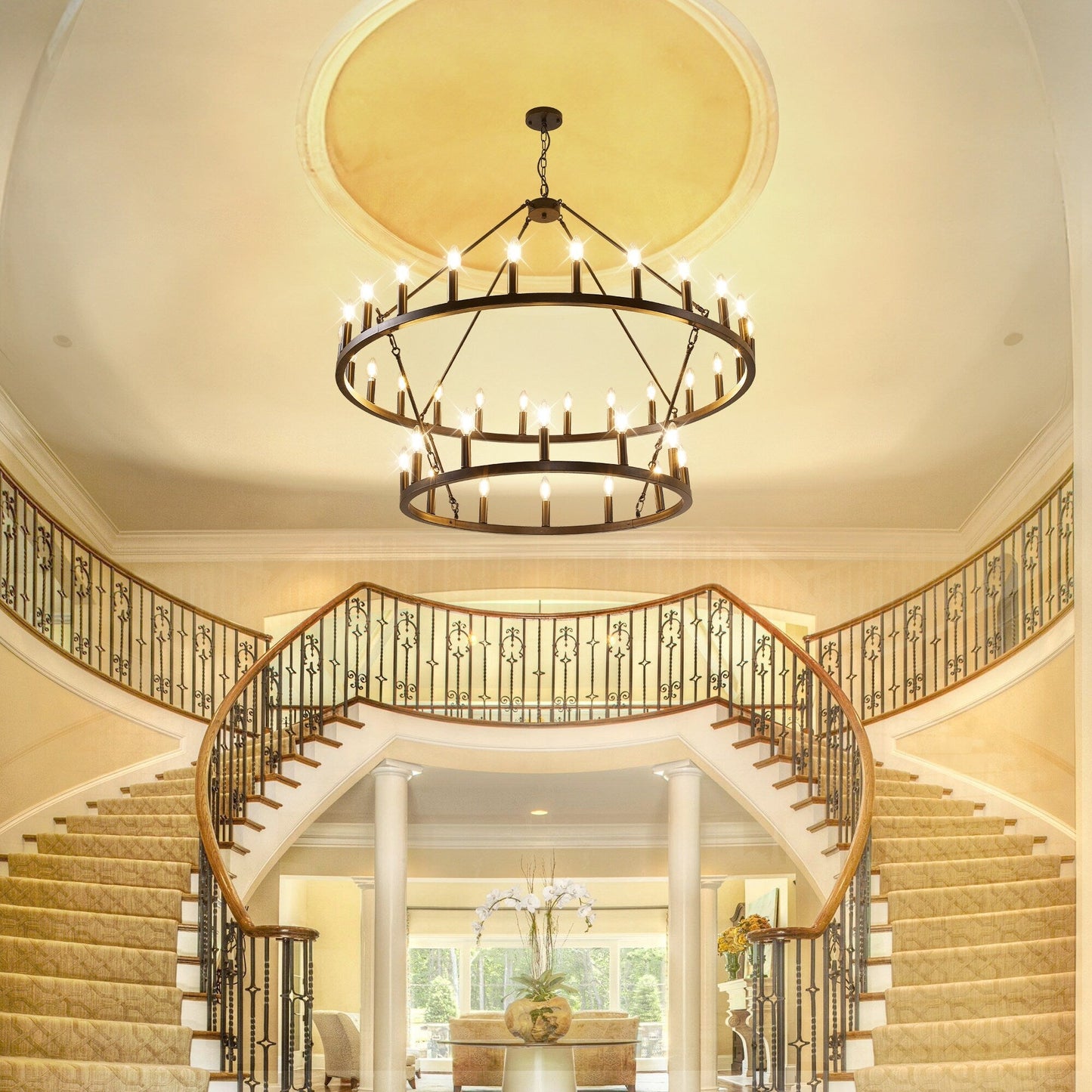 Lustre de ferme moderne à 2 niveaux, lustre rond en forme de roue de chariot, grand plafonnier haut.