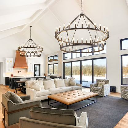 Lustre de ferme moderne à 2 niveaux, lustre rond en forme de roue de chariot, grand plafonnier haut.