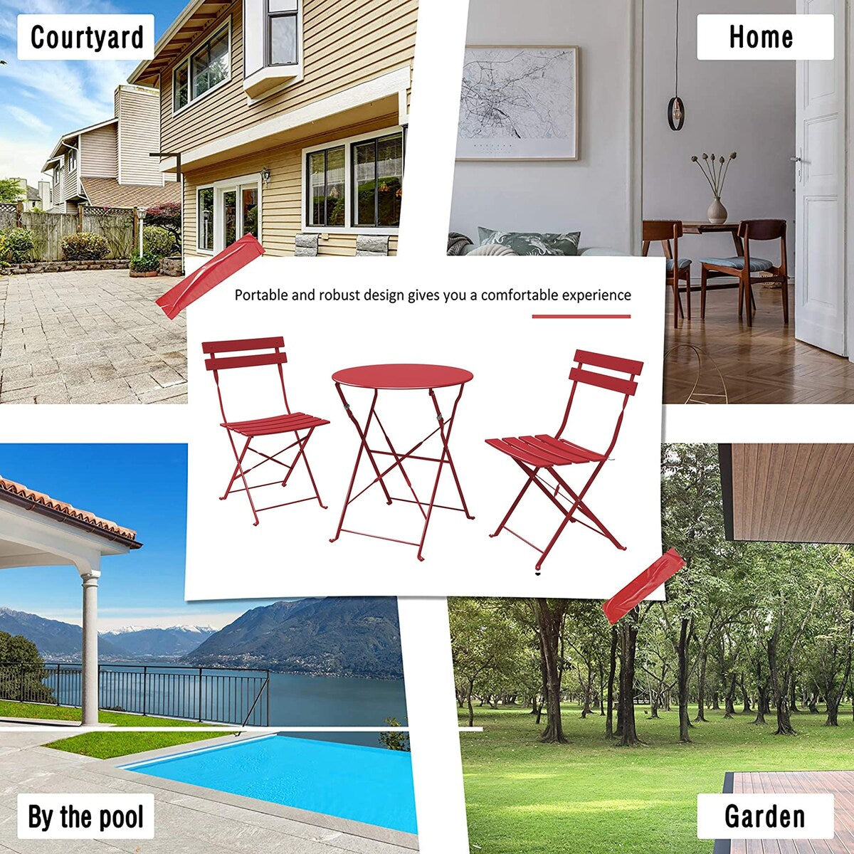 Ensemble bistrot pliant en métal 3 pièces, résistant aux intempéries, pour l'extérieur et l'intérieur, idéal pour la terrasse, la cour et le jardin.