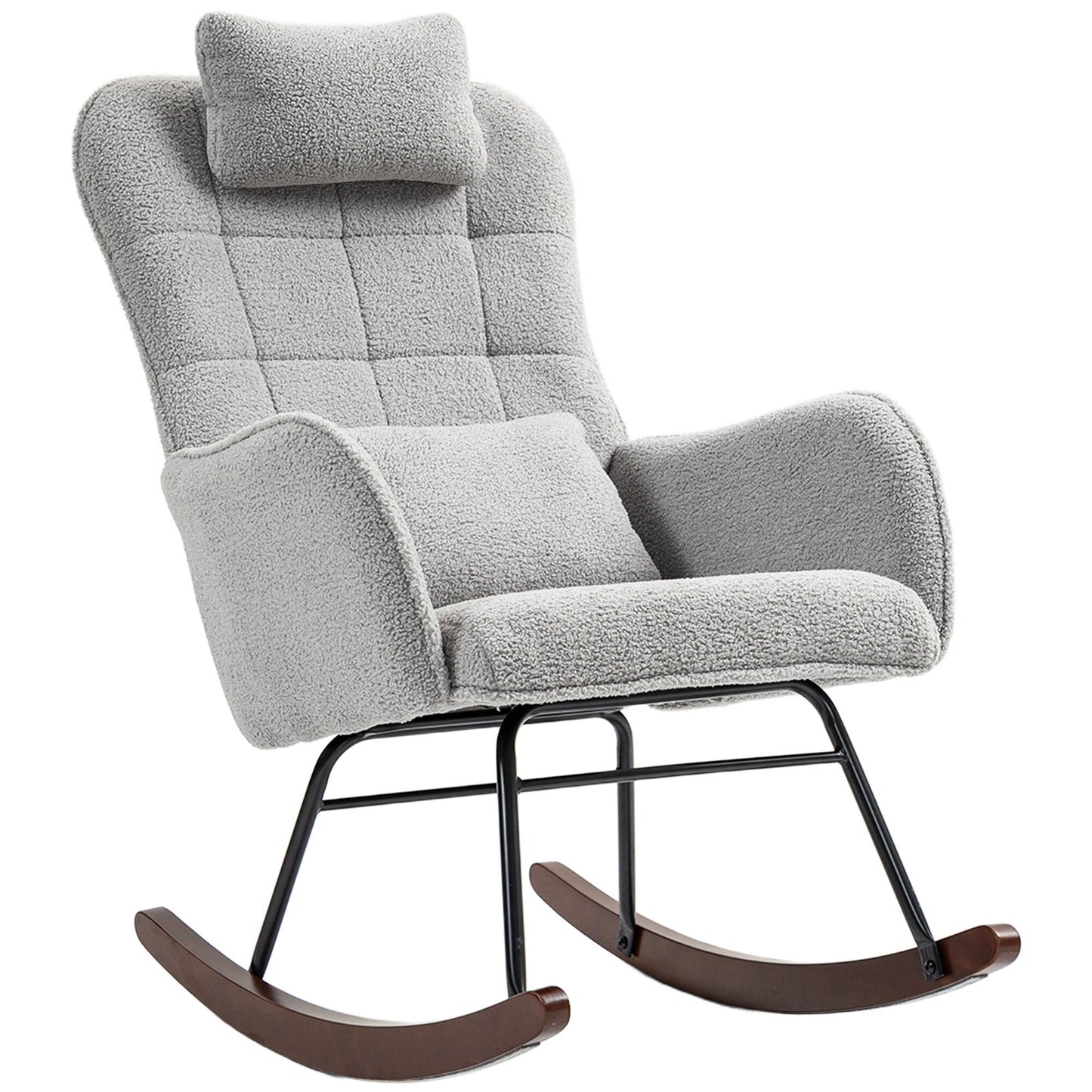 Fauteuil à bascule rembourré moderne pour chambre d'enfant avec dossier haut, appui-tête et coussin lombaire pour salon ou chambre