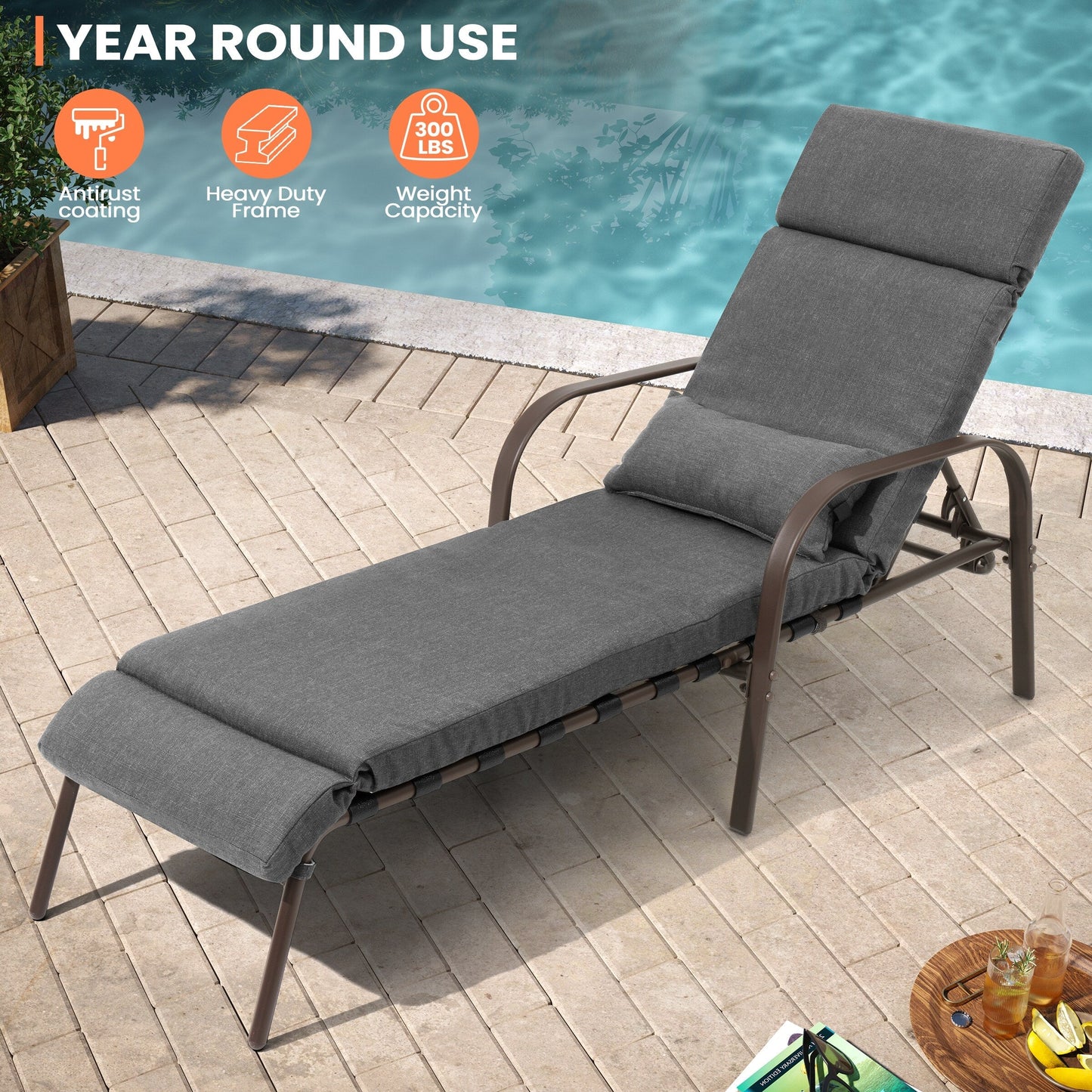 Chaise longue d'extérieur réglable avec coussin pour la plage et la piscine