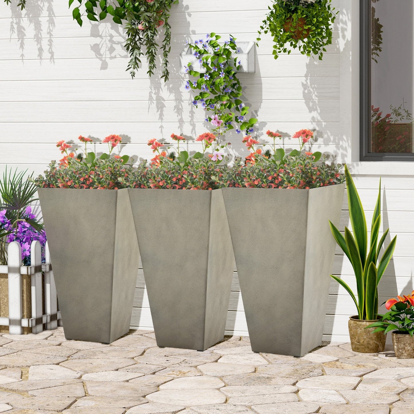 Lot de 3 grands pots de fleurs en plastique Outsunny 28 cm, pour l'intérieur et l'extérieur, pour l'entrée, la terrasse et la cour.