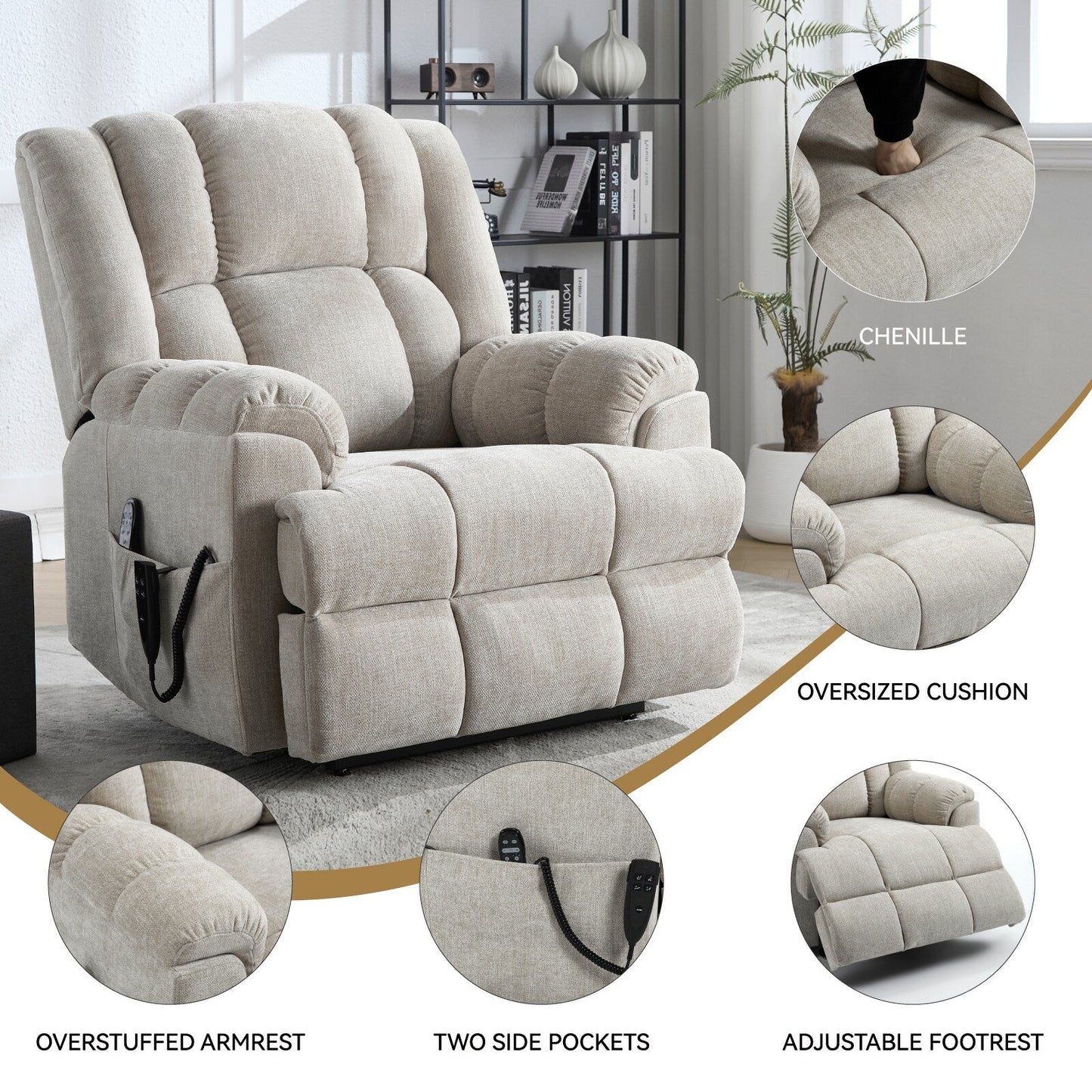 Fauteuil inclinable électrique surdimensionné en chenille avec massage et chauffage lombaire, inclinable en position infinie