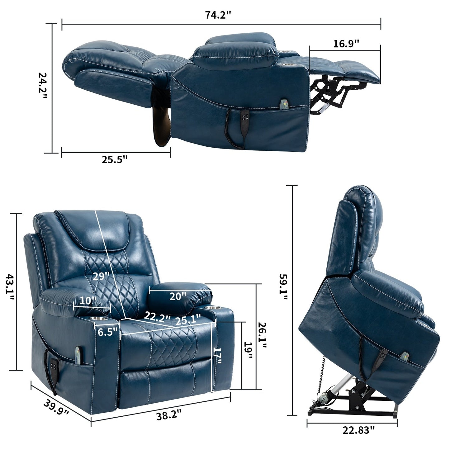Fauteuil inclinable électrique surdimensionné en cuir PU avec massage, chauffage lombaire, porte-gobelet, inclinaison à plat à 180°