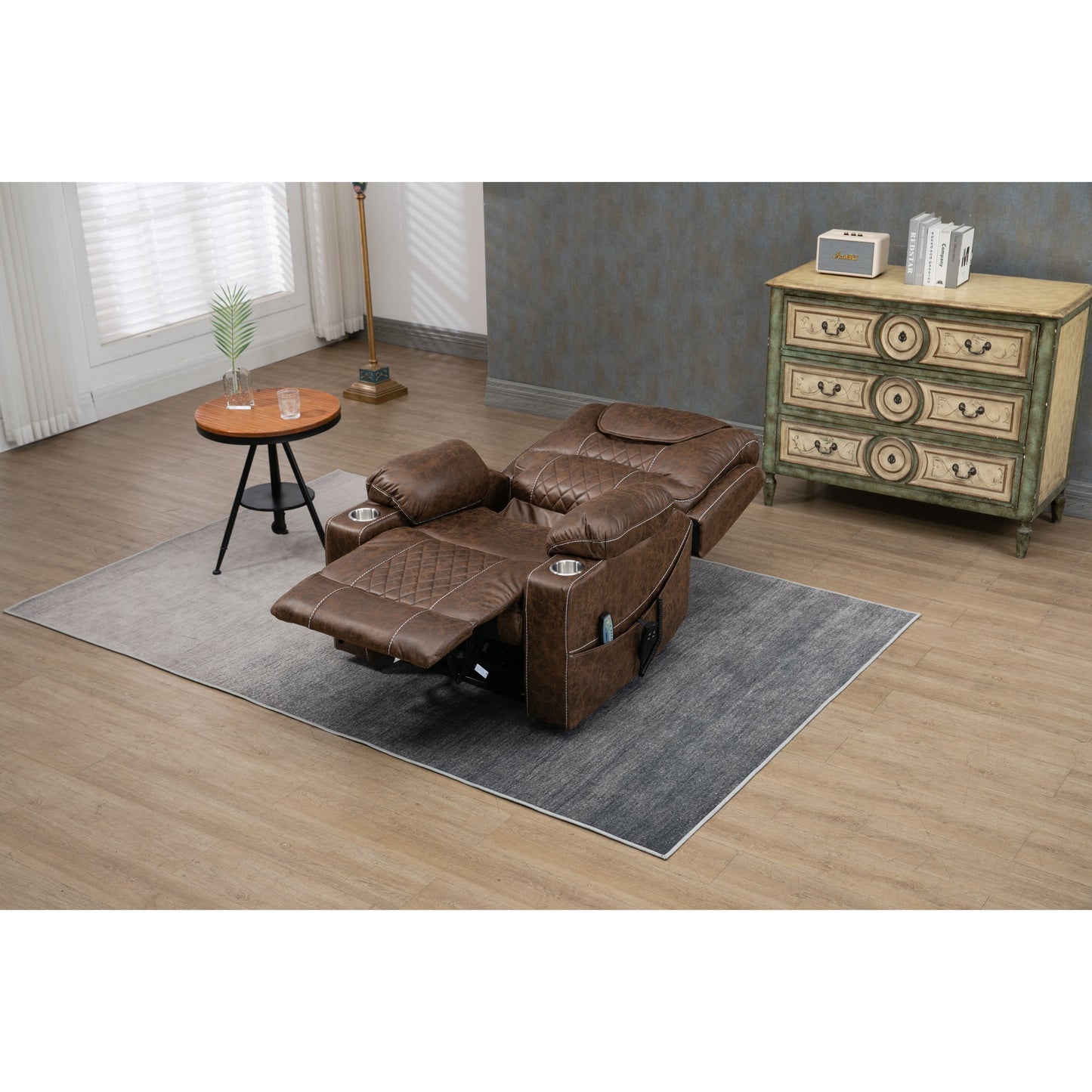 Fauteuil inclinable électrique surdimensionné en cuir PU avec massage, chauffage lombaire, porte-gobelet, inclinaison à plat à 180°